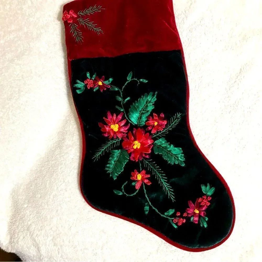 Poinsettias Velvet Embroidered Christmas Stocking